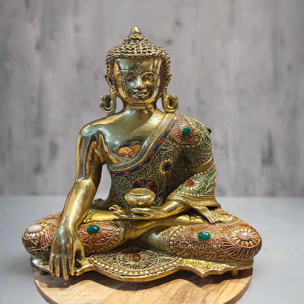 Brass Bhumisparsha Mudra Buddha Idol With Stone Work 16 Inches - Eco-friendly - Sama Homes