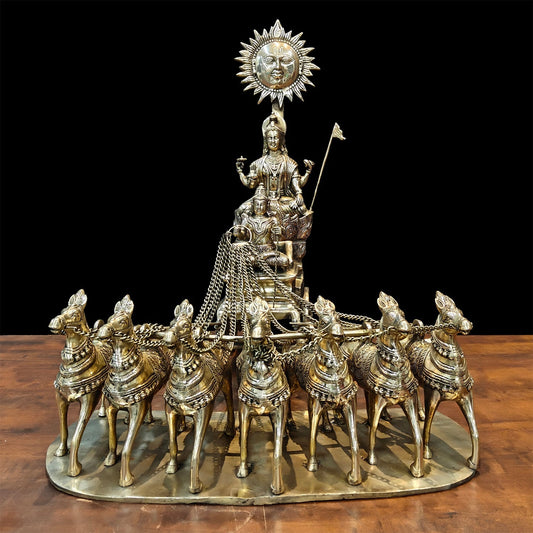 Brass Big Surya Rath With Seven Horses Golden Finish 27 Inches