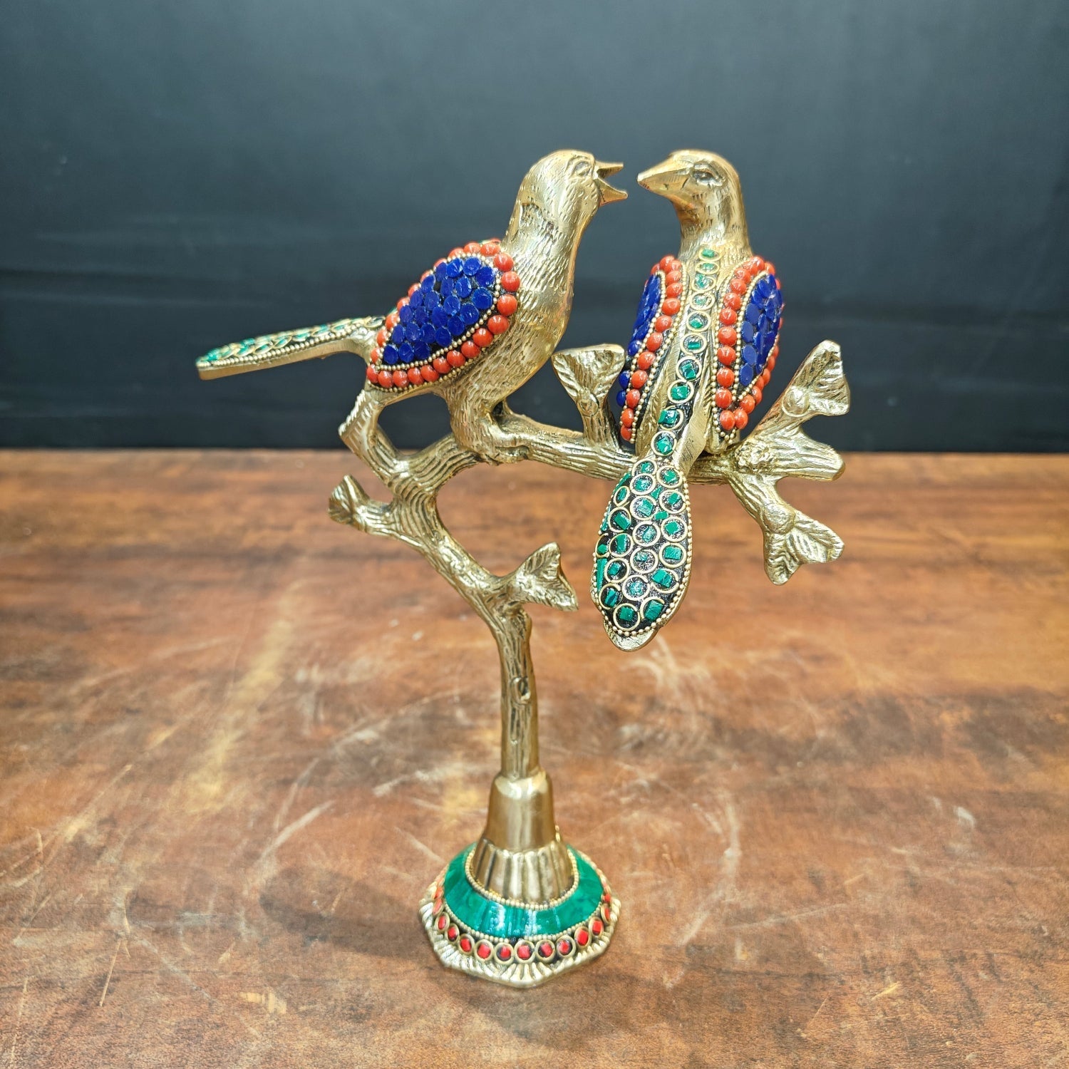 Brass Bird Pair Sitting On Tree Stone Work For Home Office Table Decor Showpiece 10 Inch - Eco-friendly - Sama Homes