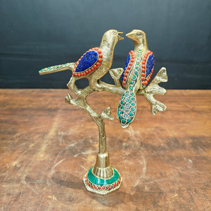 Brass Bird Pair Sitting On Tree Stone Work For Home Office Table Decor Showpiece 10 Inch by vendor-unknown - Decor