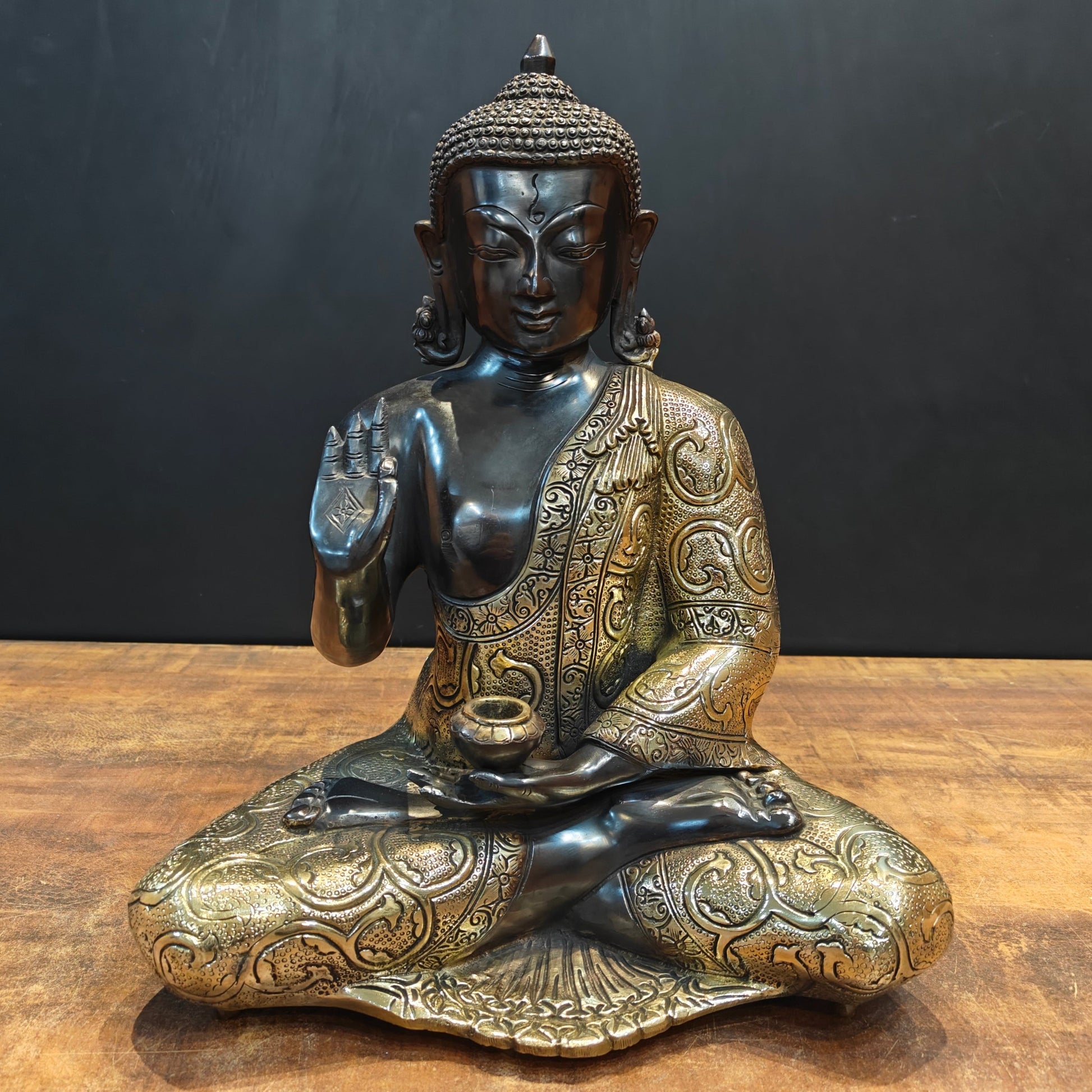 Brass Blessing Buddha Idol Antique Finish 17 Inches - Eco-friendly - Sama Homes