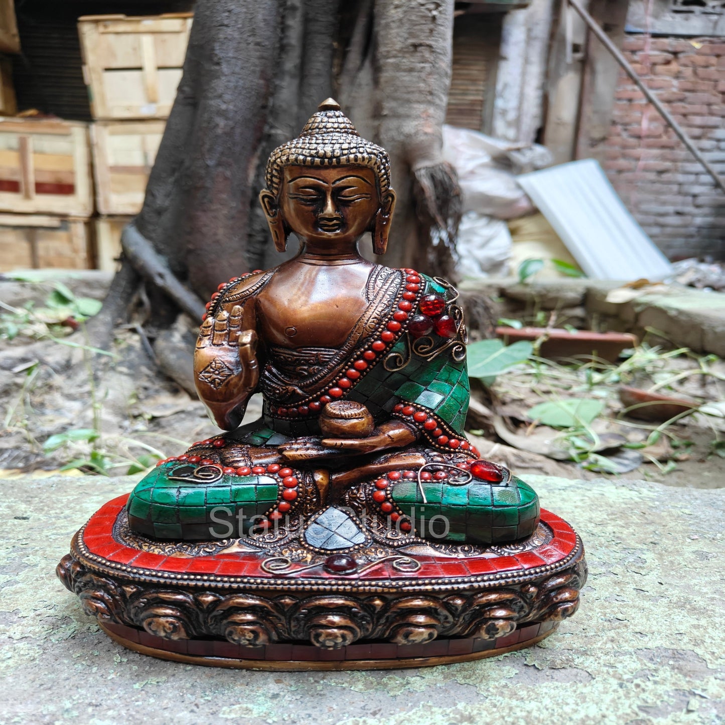 Brass Blessing Buddha Idol Antique Stone Work For Home Decor 10"