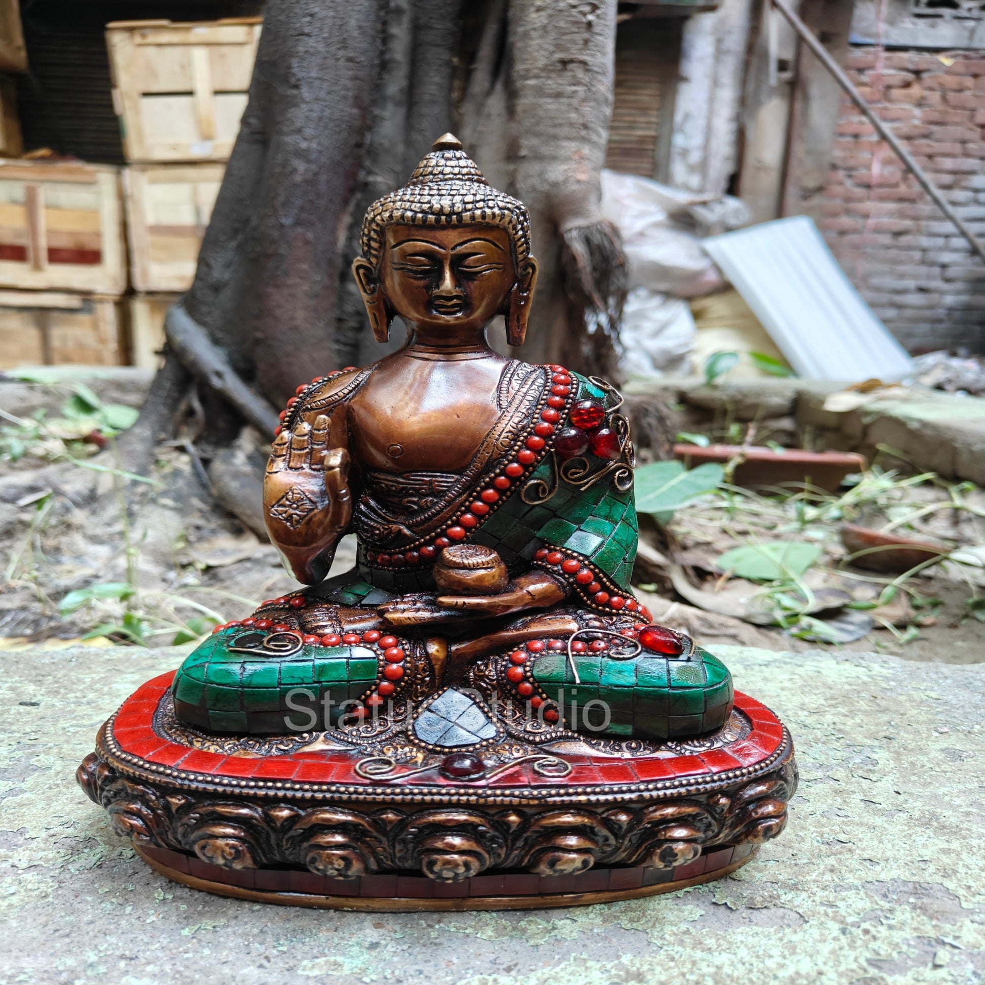 Brass Blessing Buddha Idol Antique Stone Work For Home Decor 10" - Image 2