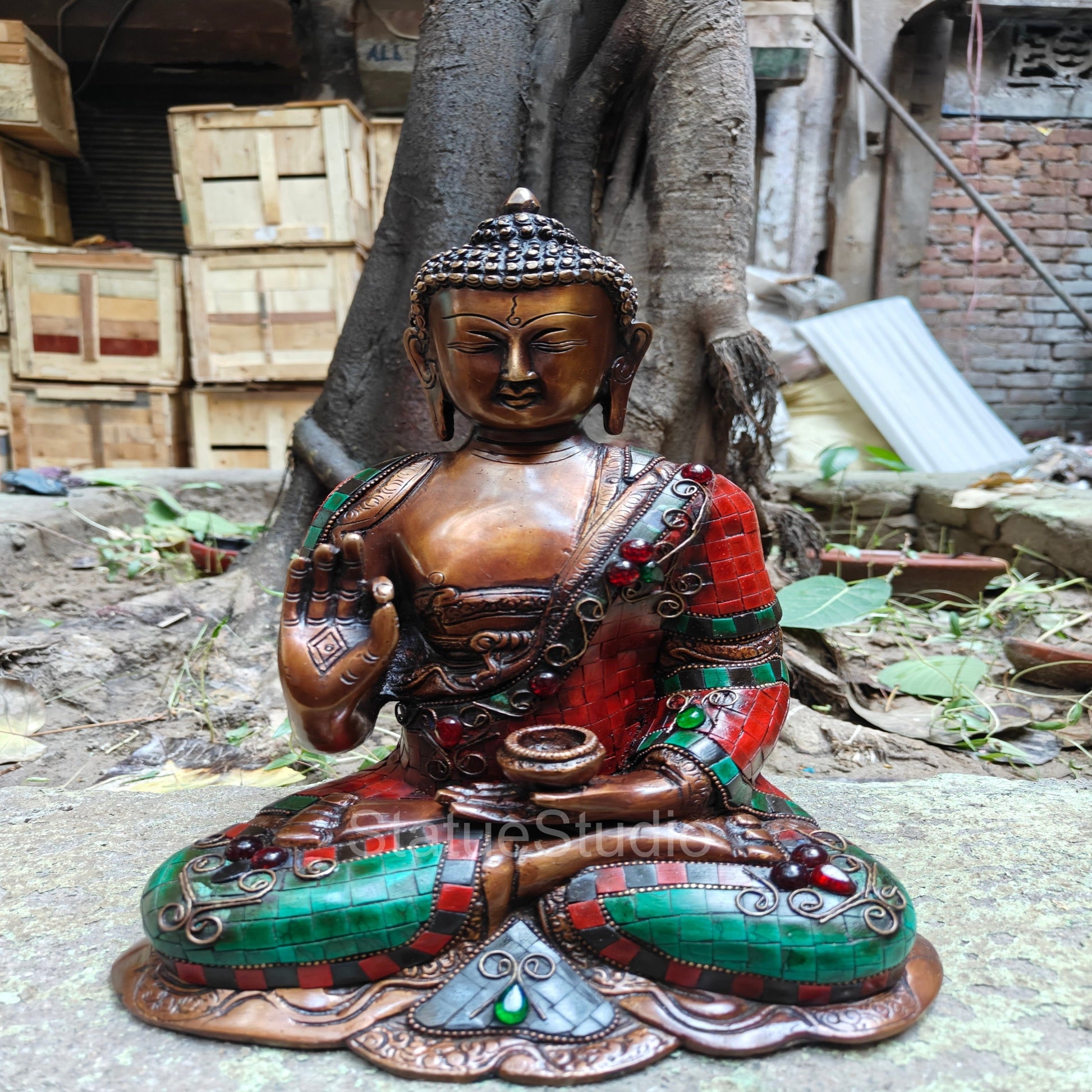 Brass Blessing Buddha Idol Antique Stone Work For Home Decor 12" - Image 2