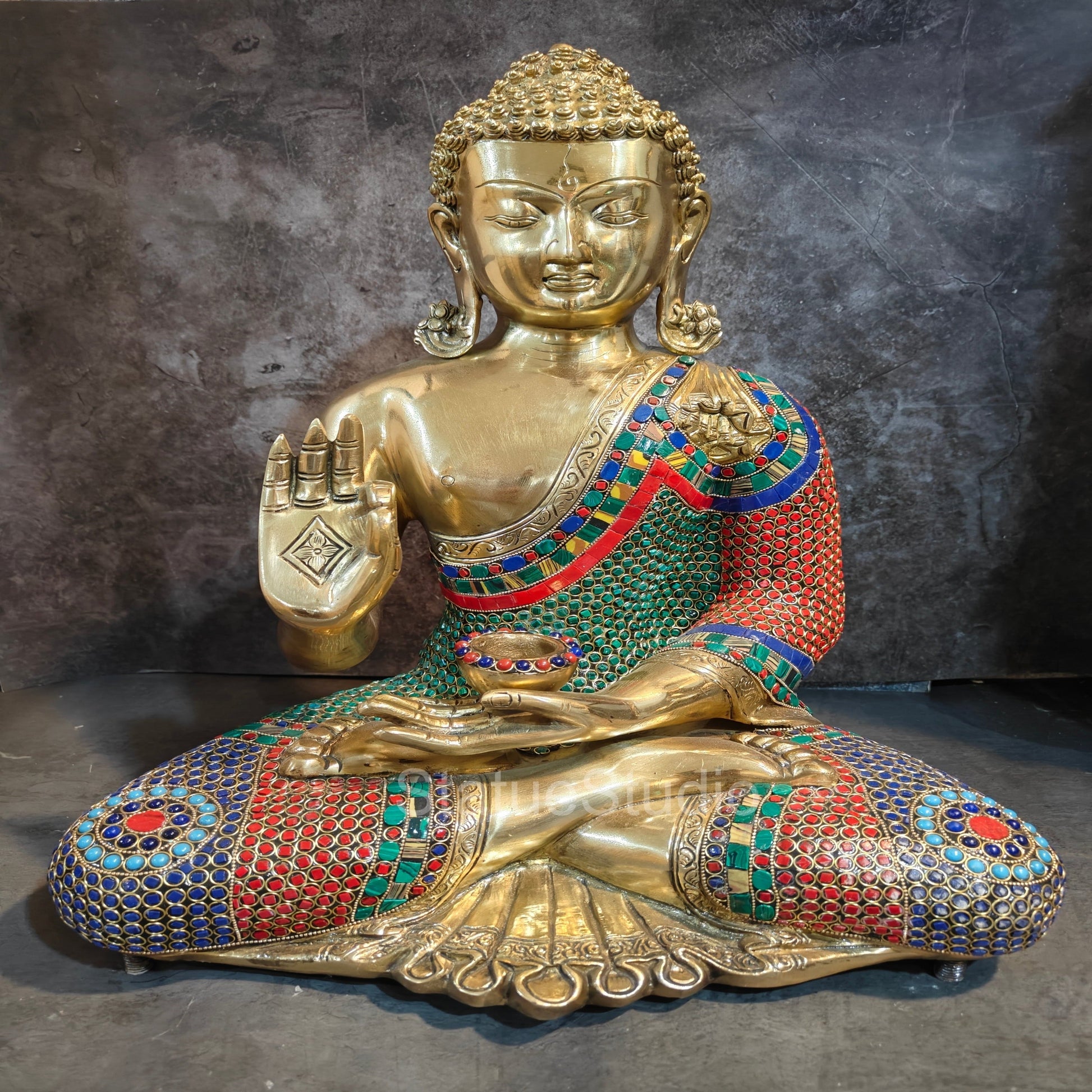Brass Blessing Buddha Idol Stone Work For Home Decor 19" - Eco-friendly - Sama Homes