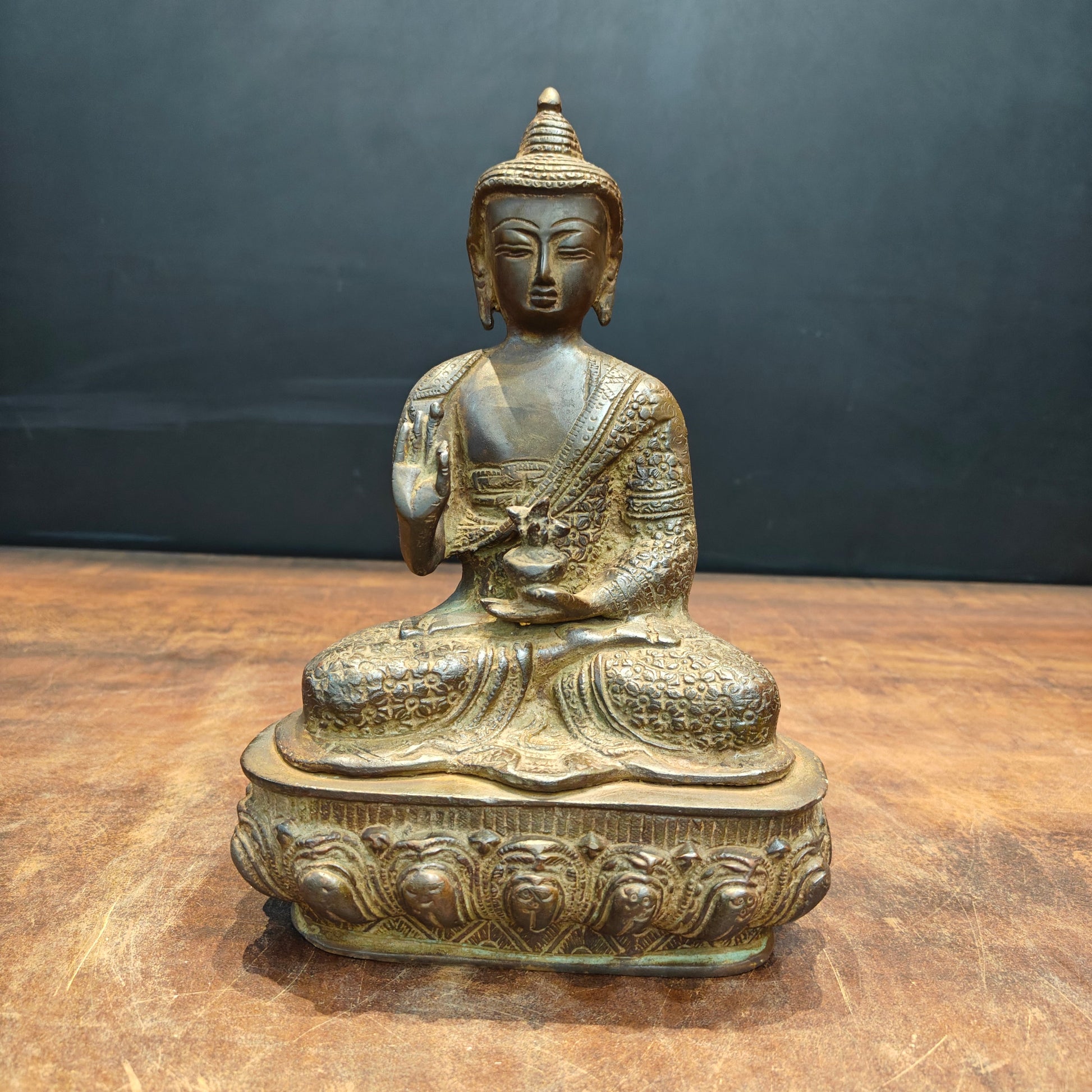 Brass Blessing Buddha Statue Antique Patina Finish 11 Inch - Eco-friendly - Sama Homes