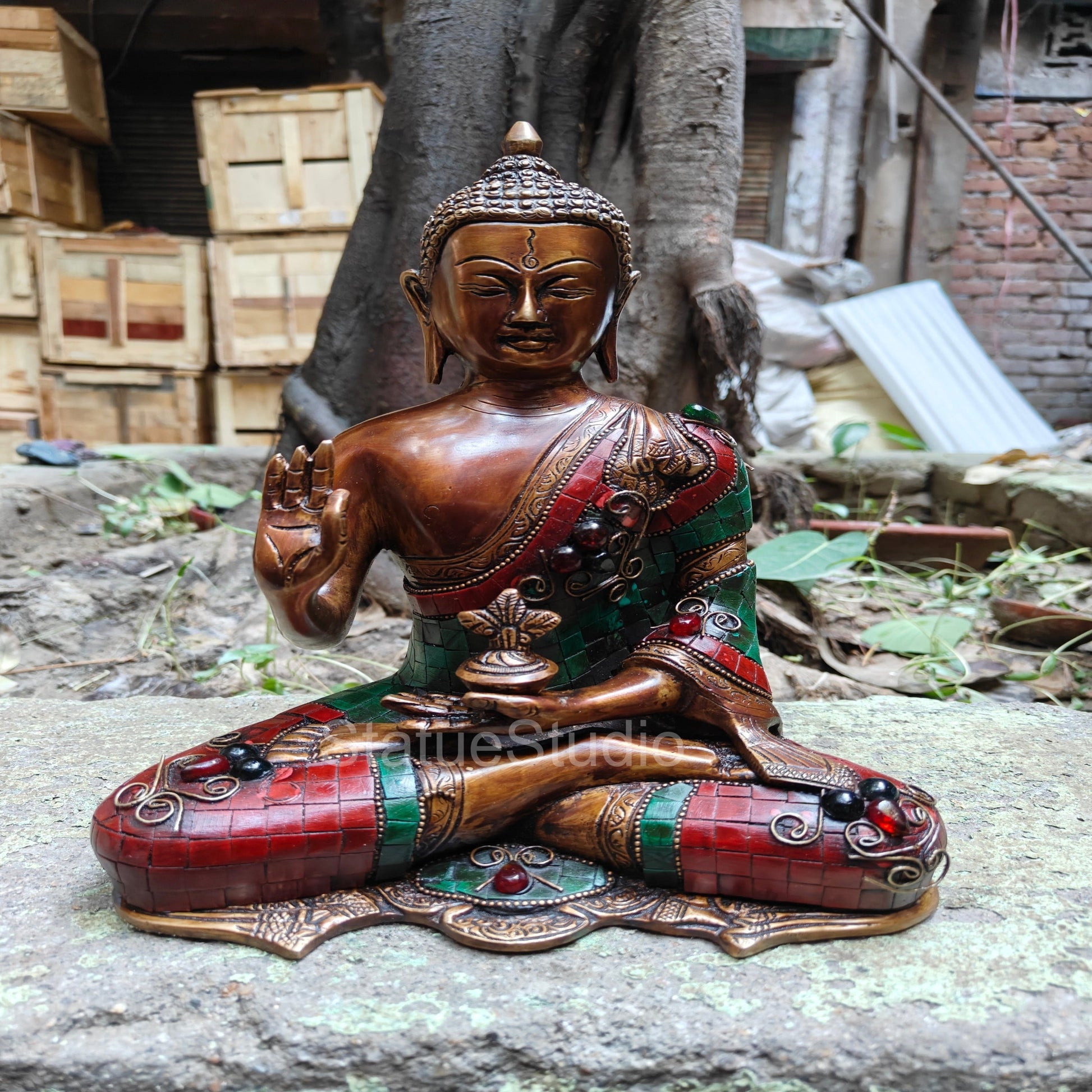 Brass Blessing Buddha Statue Antique Stone Work For Home Decor 11" - Image 2