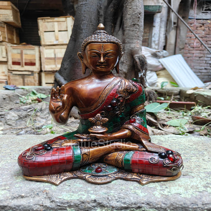 Brass Blessing Buddha Statue Antique Stone Work For Home Decor 11" by vendor-unknown - Buddha (View 2)