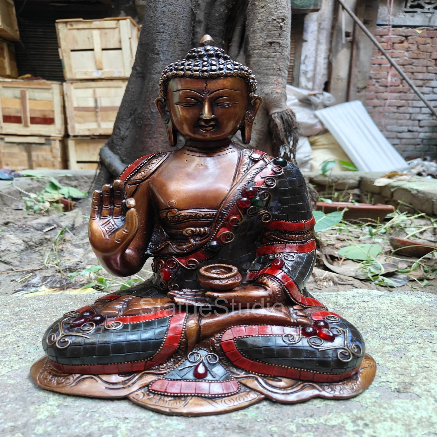 Brass Blessing Buddha Statue Antique Stone Work For Home Decor 12"