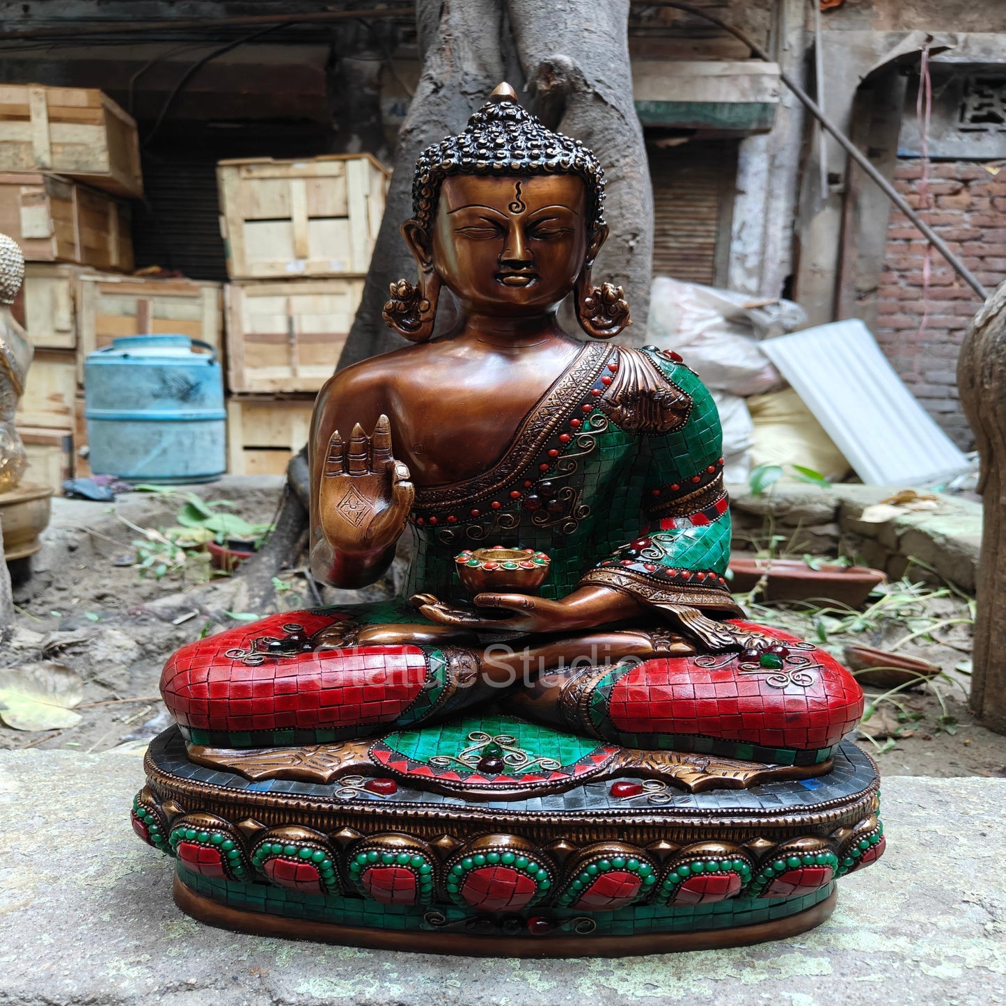 Brass Blessing Buddha Statue Antique Stone Work For Home Decor 19"