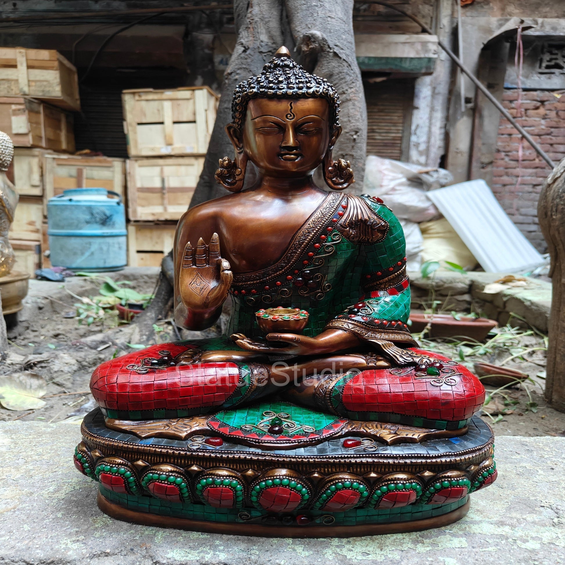 Brass Blessing Buddha Statue Antique Stone Work For Home Decor 19" - Image 2