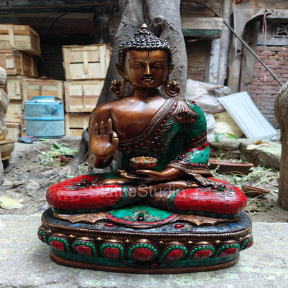 Brass Blessing Buddha Statue Antique Stone Work For Home Decor 19" by vendor-unknown - Buddha (View 2)