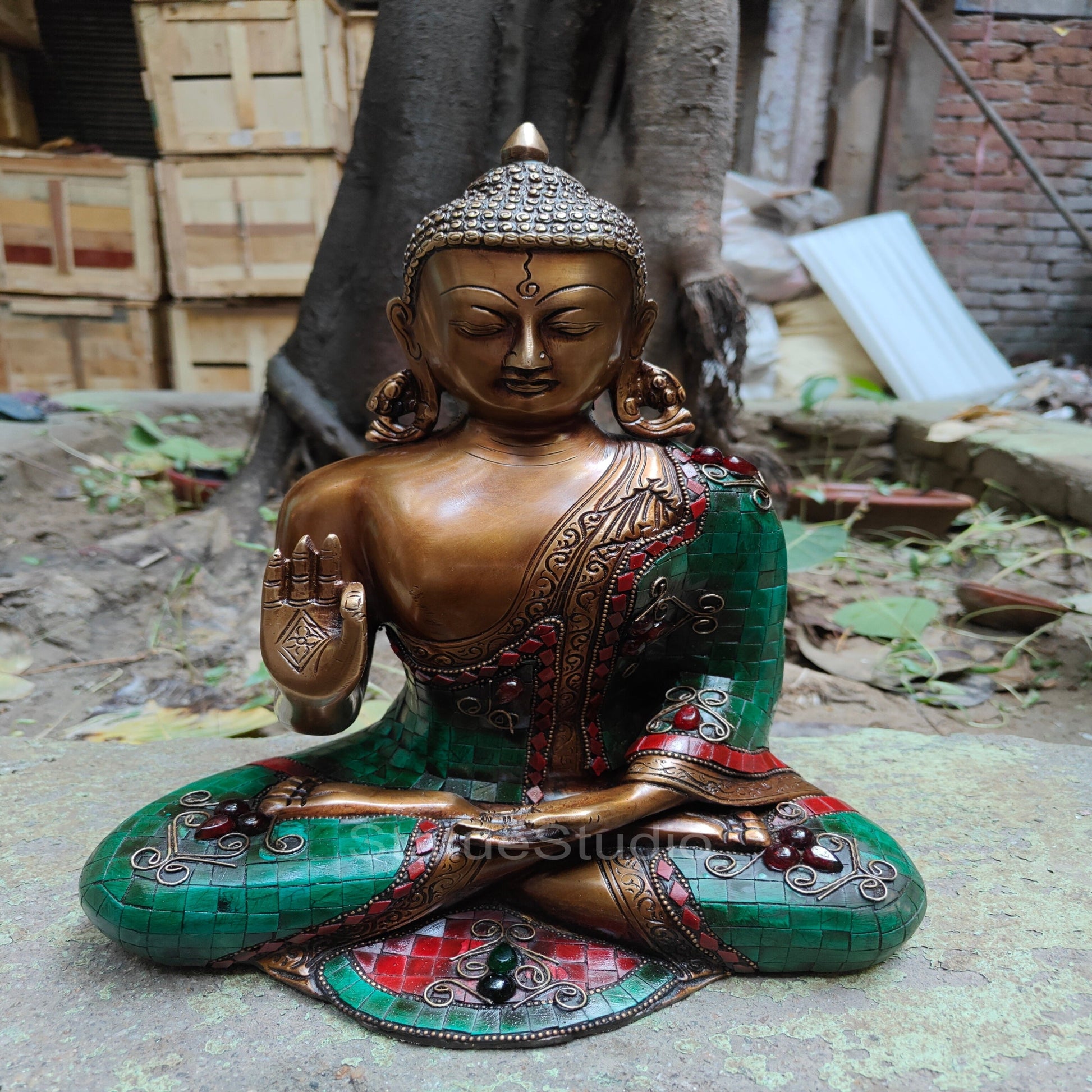 Brass Blessing Buddha Statue Antique Stone Work For Home Decor 1 Feet - Image 2