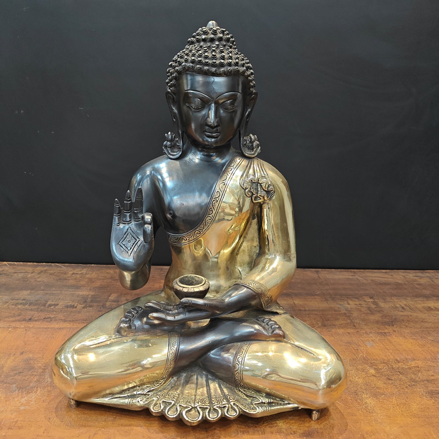 Brass Blessing Buddha Statue Black Gold Finish 1.5 Feet