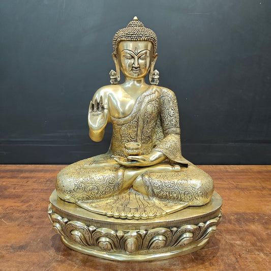 Brass Blessing Buddha Statue With Flower Carving 2 Feet