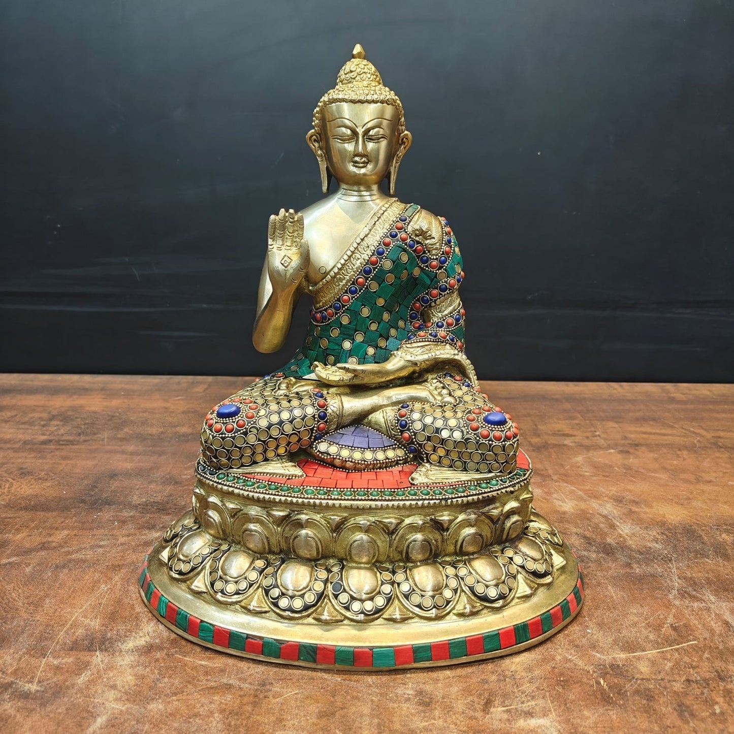 Brass Blessing Buddha Statue With Stone Work 13 Inch