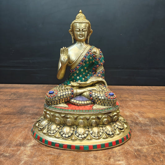 Brass Blessing Buddha Statue With Stone Work 13 Inch