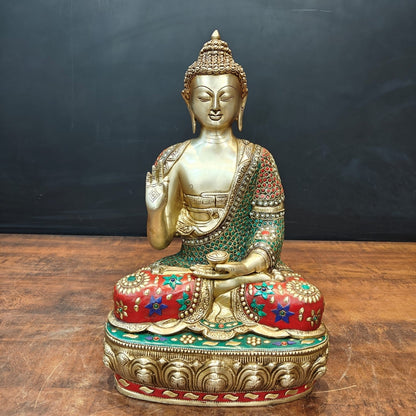 Brass Blessing Buddha Statue With Stone Work 16 Inch by vendor-unknown - Buddha