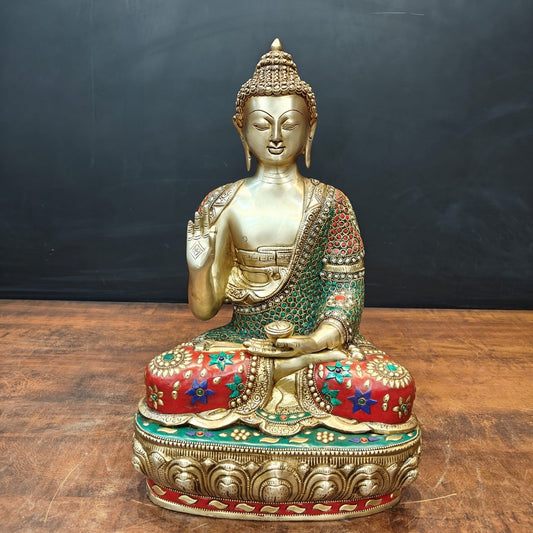 Brass Blessing Buddha Statue With Stone Work 16 Inch