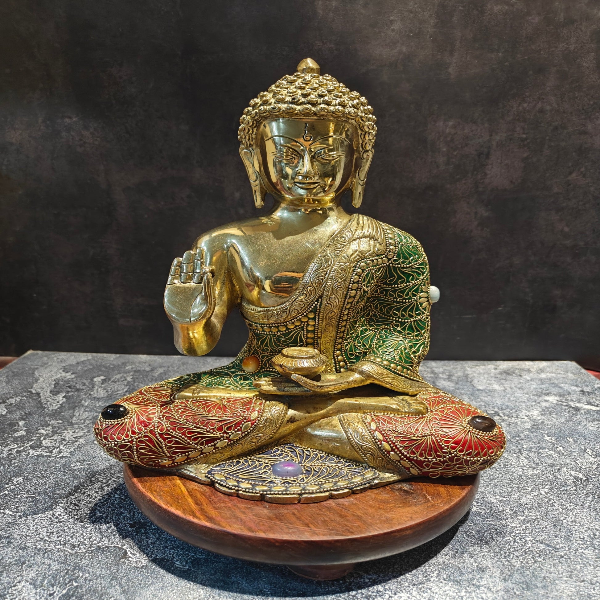 Brass Blessing Buddha Statue With Stone Work 1 Feet - Image 2