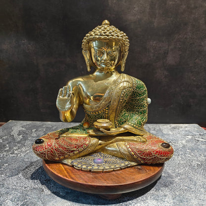 Brass Blessing Buddha Statue With Stone Work 1 Feet by vendor-unknown - Buddha (View 2)