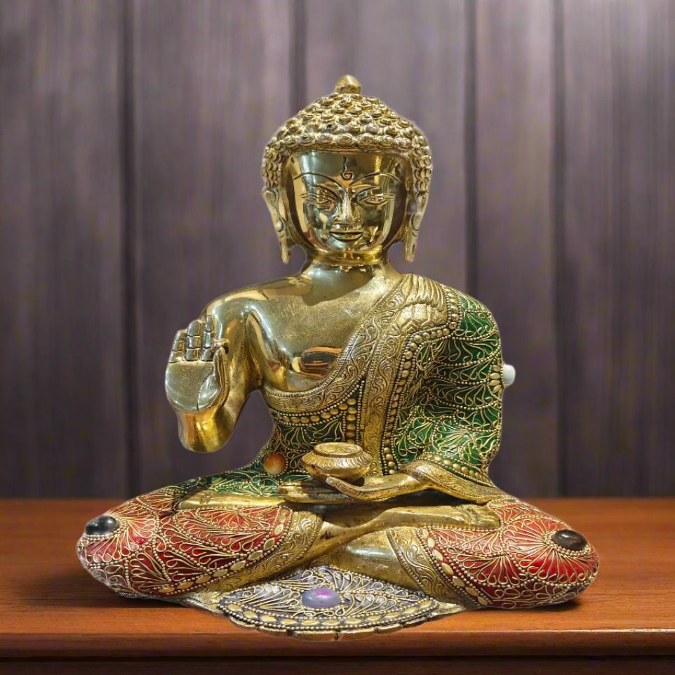 Brass Blessing Buddha Statue With Stone Work 1 Feet