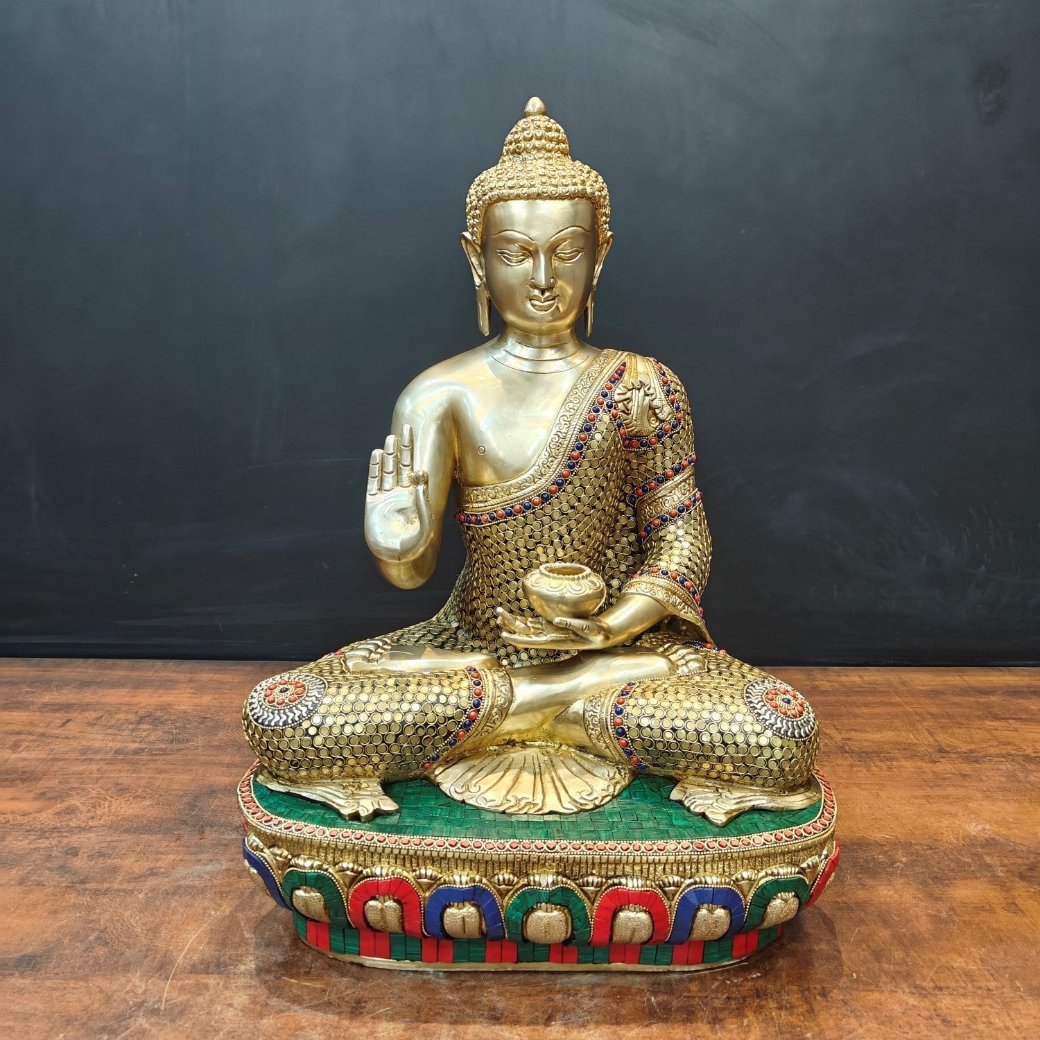 Brass Blessing Buddha Statue With Stone Work 2 Feet - Eco-friendly - Sama Homes