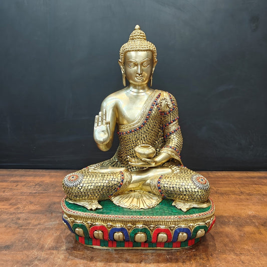 Brass Blessing Buddha Statue With Stone Work 2 Feet