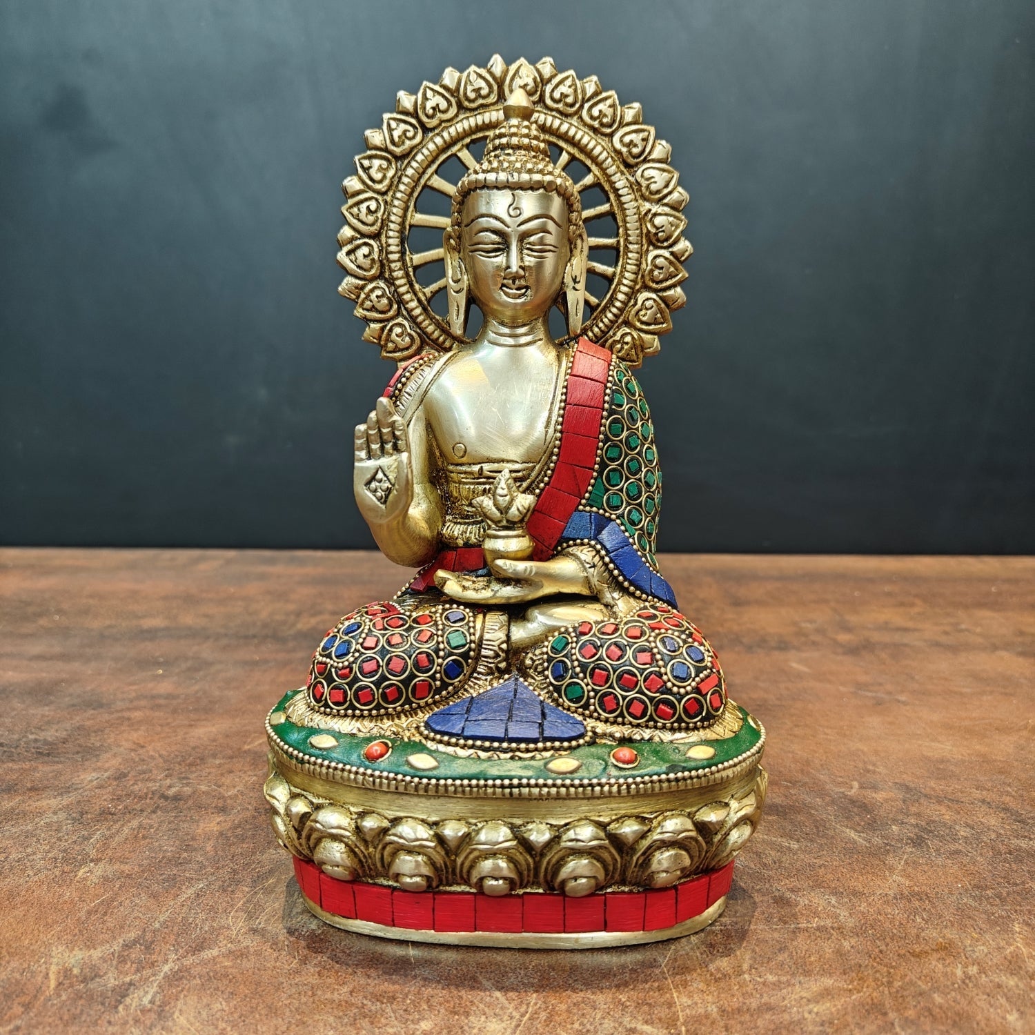 Brass Blessing Buddha Statue With Stone Work 9 Inch - Eco-friendly - Sama Homes