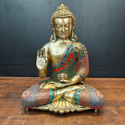 Brass Blessing Buddha Statue With Stone Work For Home Decor 20 Inches by vendor-unknown - Buddha