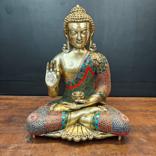 Brass Blessing Buddha Statue With Stone Work For Home Decor 20 Inches