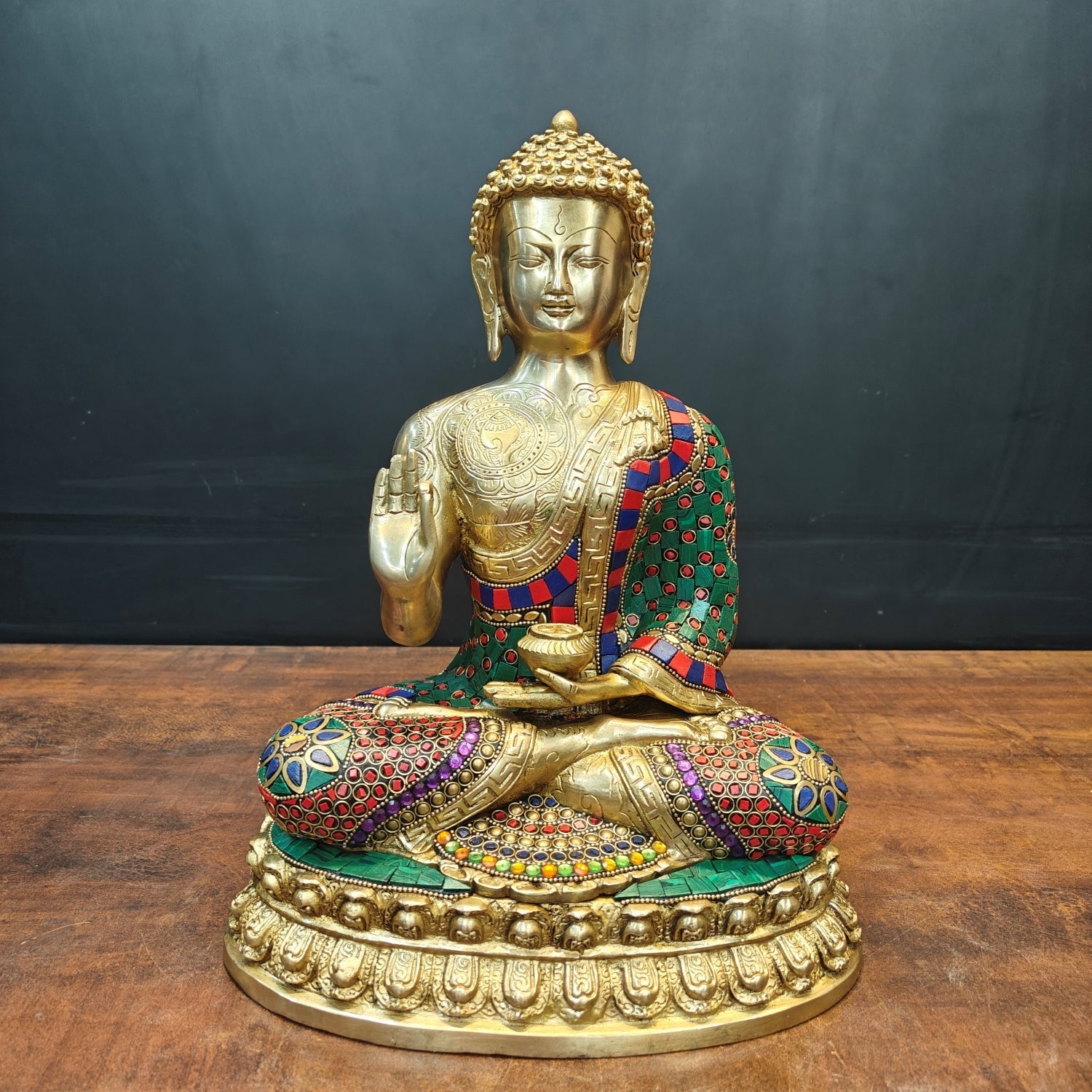 Brass Blessing Buddha Statue With Stone Wotk For Home Decor 14 Inch - Eco-friendly - Sama Homes