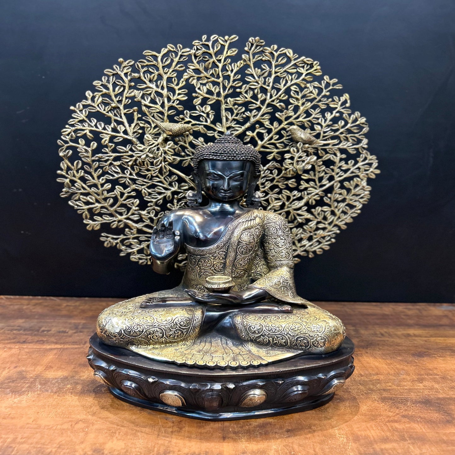 Brass Blessing Buddha Statue With Tree Antique Finish 29 Inches