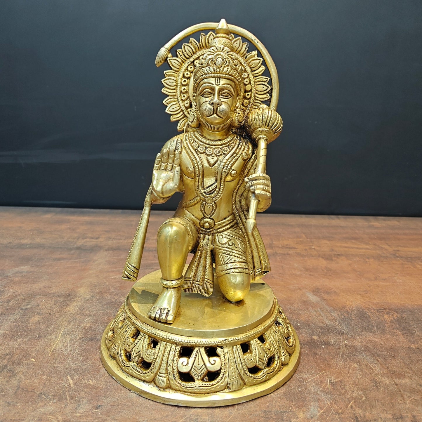 Brass Blessing Hanuman Idol Sitting On Base 11 Inch