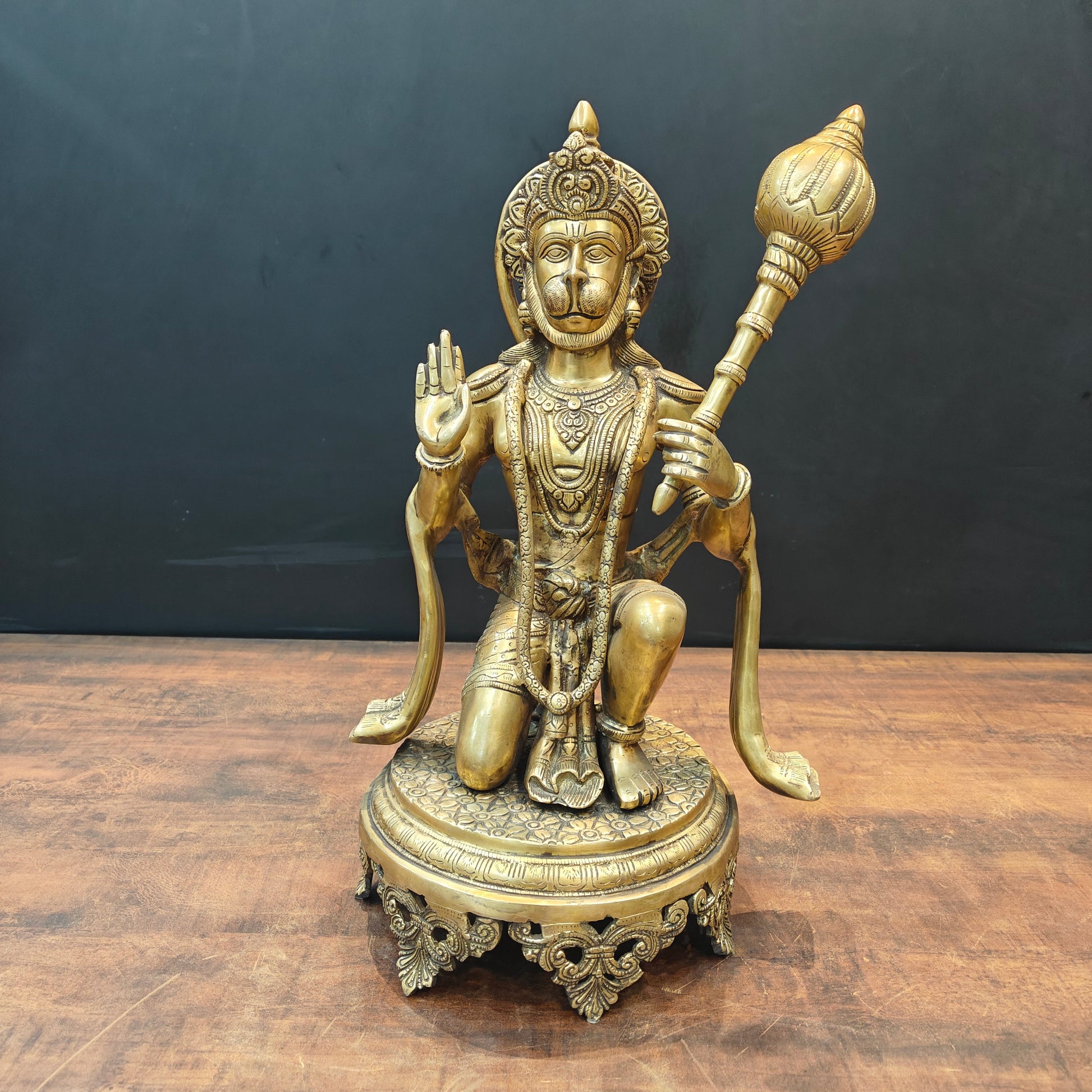 Brass Blessing Hanuman Idol Sitting On Chowki 1.5 Feet - Eco-friendly - Sama Homes