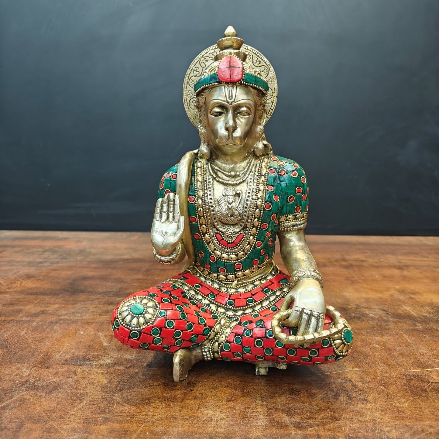 Brass Blessing Hanuman Idol Stone Work For Home Decor 11 Inch