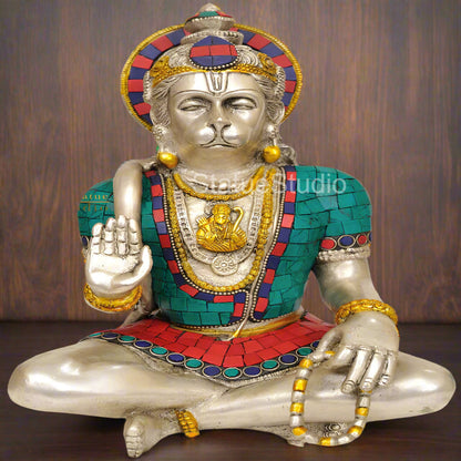 Brass Blessing Hanuman Statue (Lord Rama Depicted in His Heart) For Home Decor 12" by vendor-unknown - Hindu Gods