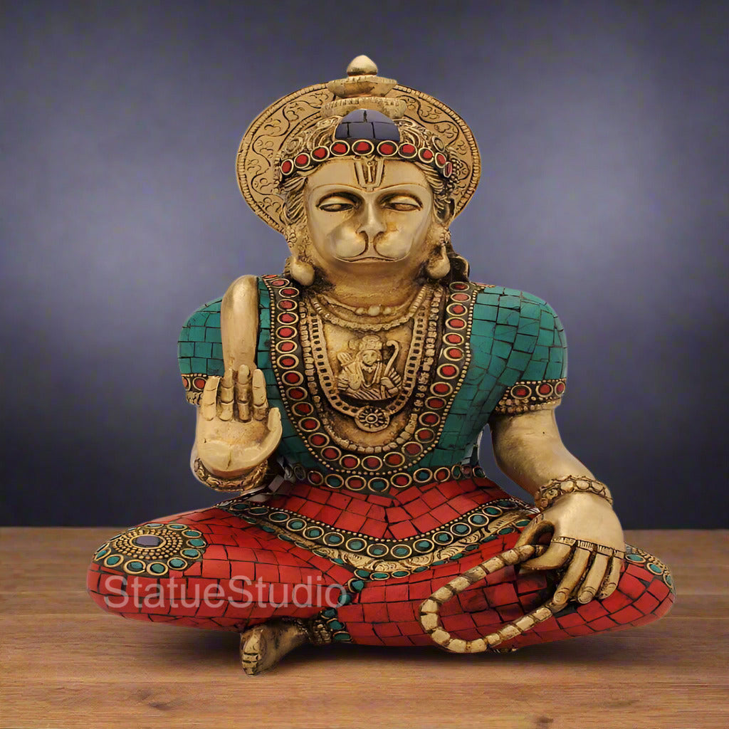 Brass Blessing Lord Hanuman Statue Stone Work For Home Decor 1 Feet - Eco-friendly - Sama Homes