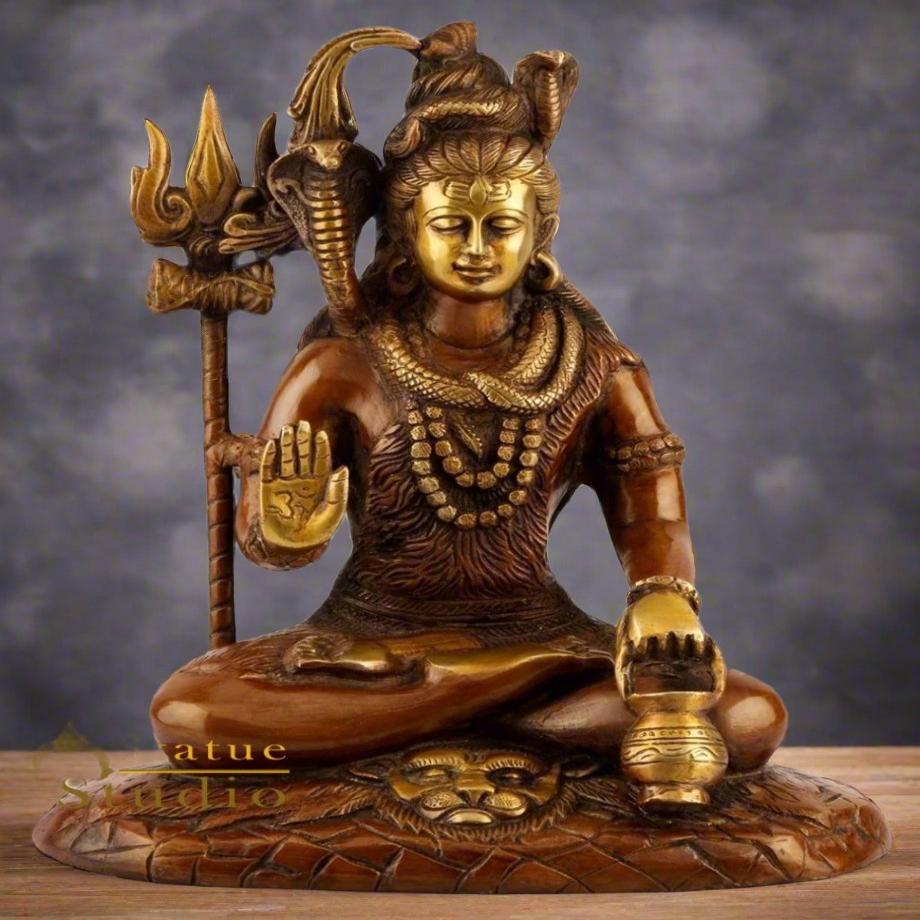 Brass Blessing Lord Shiva Idol Antique Finish Lucky For Home Temple Decor Gift 10" - Eco-friendly - Sama Homes