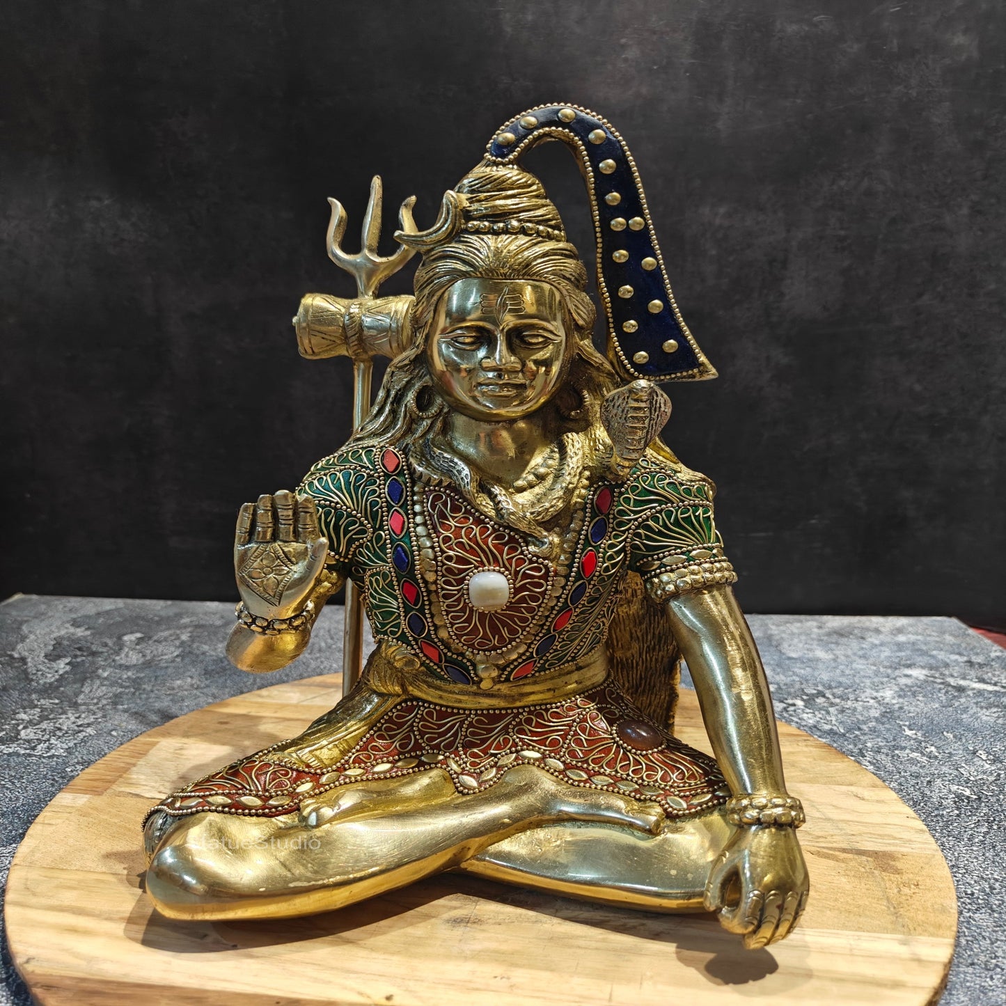 Brass Blessing Lord Shiva Statue With Stone Work 1 Feet