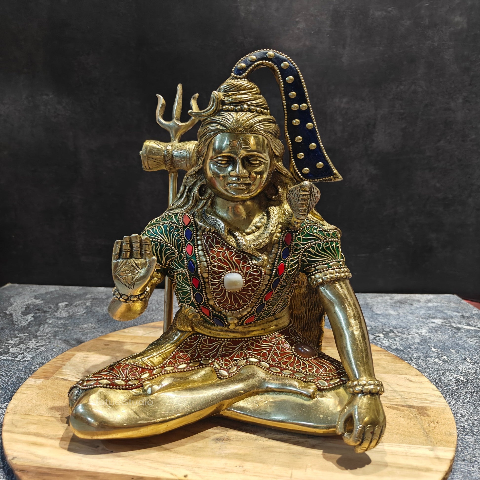 Brass Blessing Lord Shiva Statue With Stone Work 1 Feet - Eco-friendly - Sama Homes