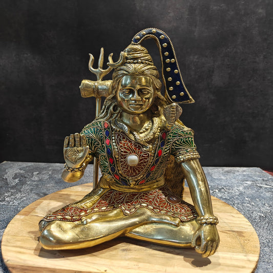 Brass Blessing Lord Shiva Statue With Stone Work 1 Feet