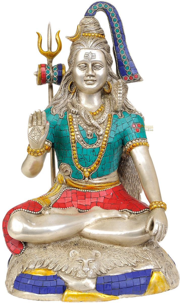 Brass Blessing Shiva Statue Silver Turquoise Coral 13 Inches
