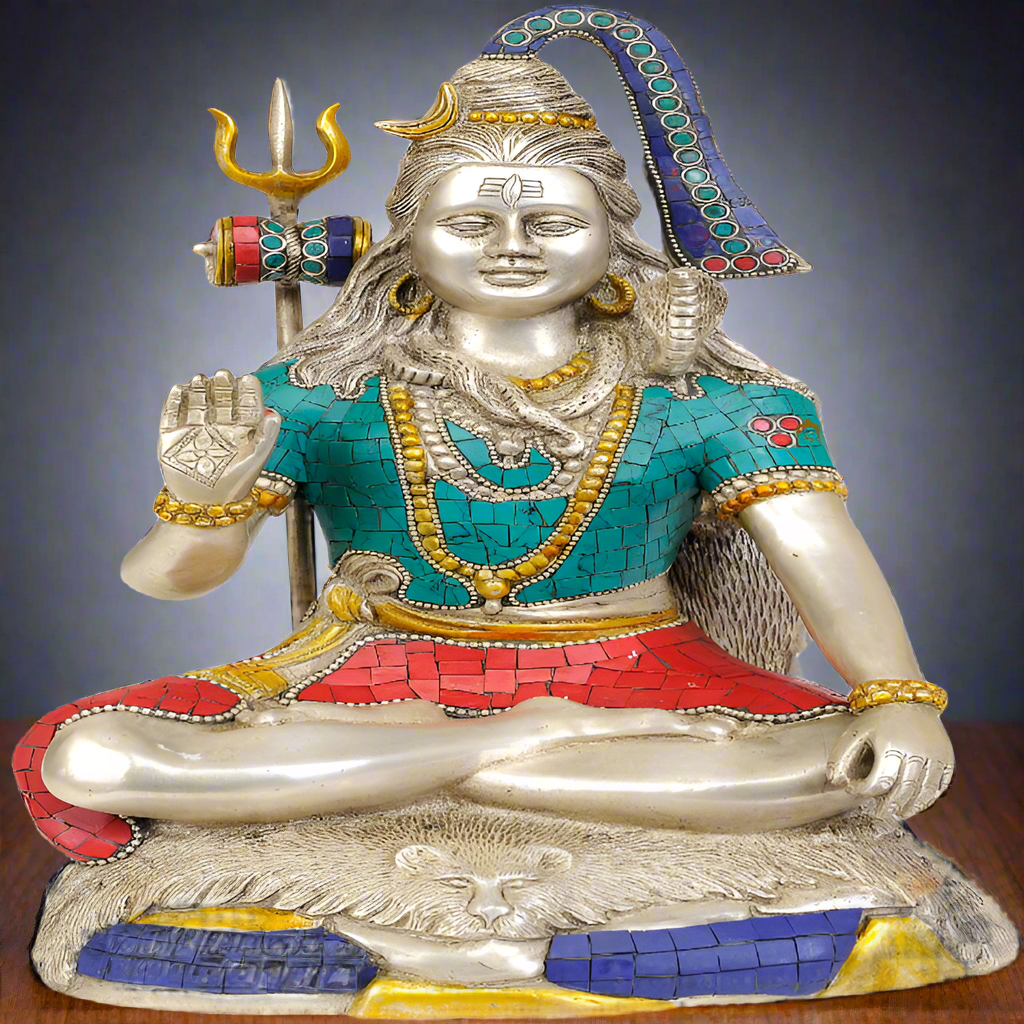 Brass Blessing Shiva Statue Silver Turquoise Coral 13 Inches - Eco-friendly - Sama Homes