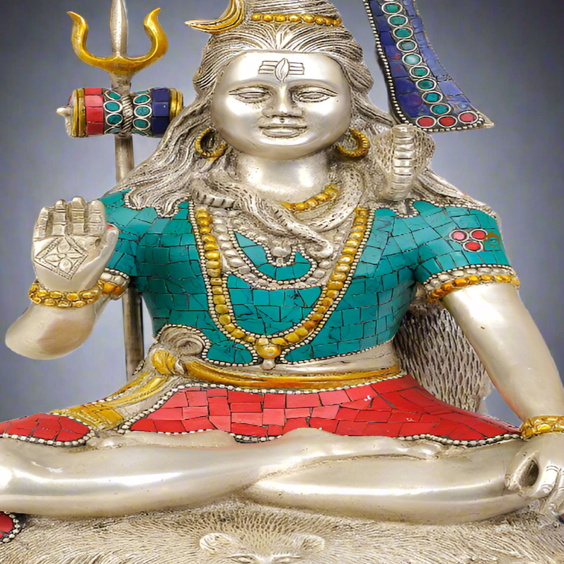 Brass Blessing Shiva Statue Silver Turquoise Coral 13 Inches