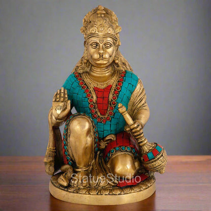 Brass Blessing Sitting Hanuman Idol Stone Work For Home Decor 9" by vendor-unknown - Hindu Gods