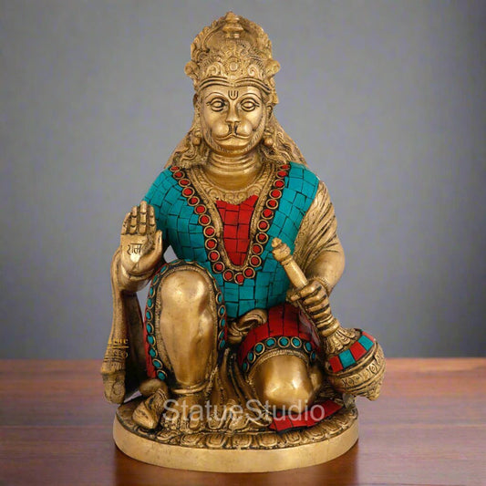 Brass Blessing Sitting Hanuman Idol Stone Work For Home Decor 9"