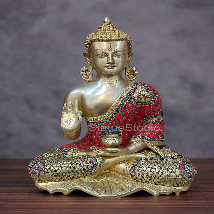 Brass Buddha Blessing Mudra Statue Stone Work For Decor Showpiece 16" - Eco-friendly - Sama Homes