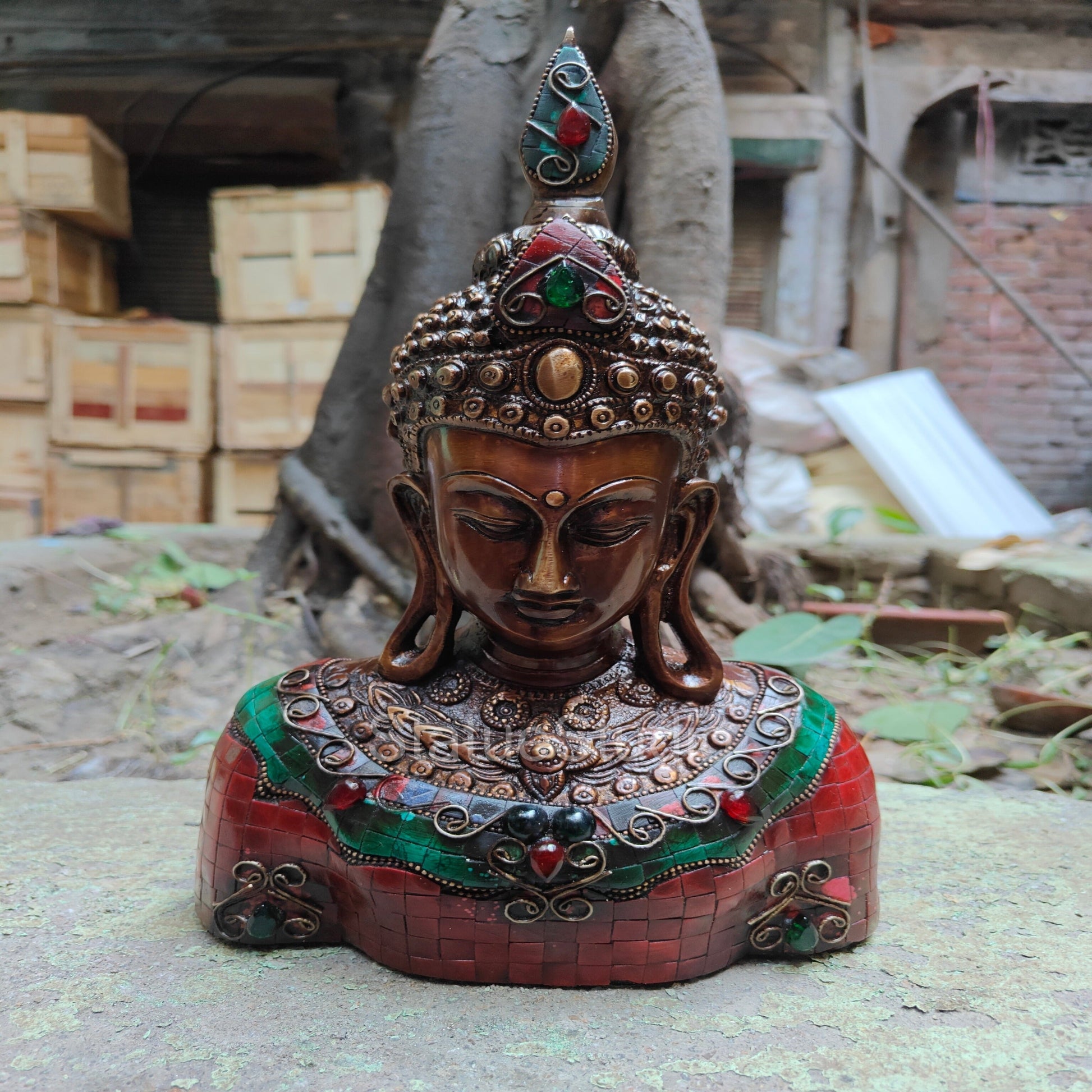 Brass Buddha Bust Idol With Antique Stone Work For Home Decor 1 Feet - Image 2