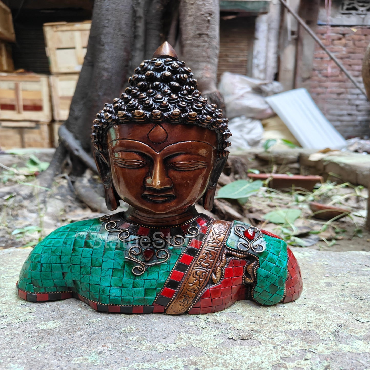 Brass Buddha Bust With Antique Stone Work For Home Decor 10"